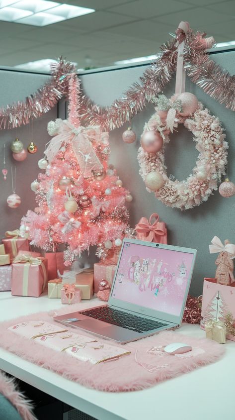 10 Christmas Desk Decor Ideas for Office Vintage Cubicle Decor, Pink Cubicle Decor Work Spaces, Pink Christmas Office Decor, Christmas Desk Decor Ideas, Office Desk Christmas Decor For Work, Office Cube Decorating Ideas, Christmas Office Decorations Cubicles, Decor For Office At Work, Cubicle Christmas Decorations Contest