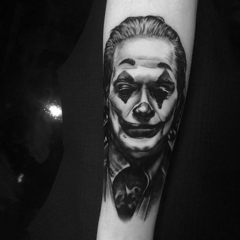 The Joker Tattoo, Tattoo Realism, Fav Movie, Joker Tattoo, R Movie, Joaquin Phoenix, Realism Tattoo, The Joker, Black And Grey Tattoos