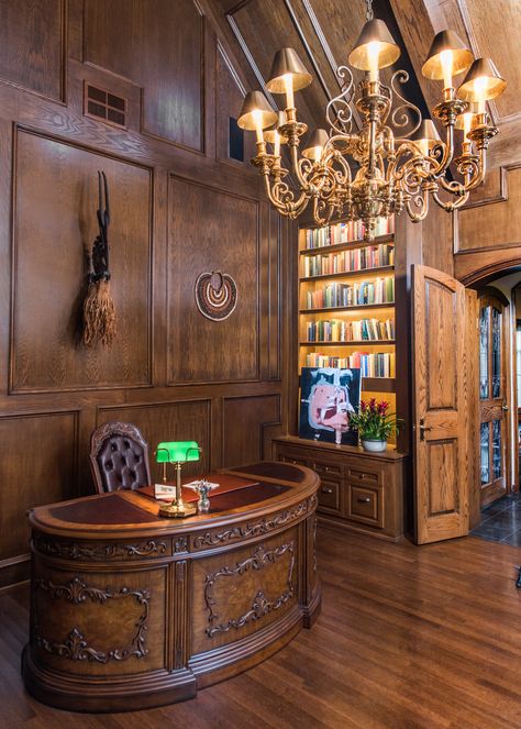 Sarah Barnard Design - Traditional Home: Tudor Revival Estate Estate Library: Story Modern Transitional Office, Estate Library, Transitional Office, Oak Mantle, Tudor Revival, Walnut Floors, Oak Bookcase, Comfortable Armchair, Oak Panels