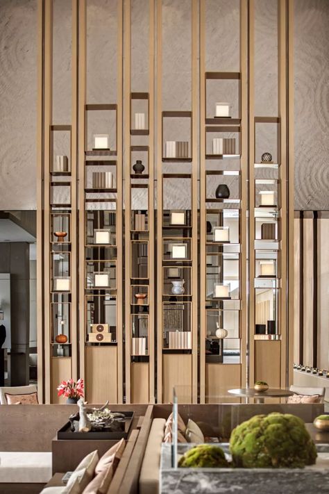 Shelving Partition Ideas, Lobby Partition Design, Luxury Partition Design, Modern Luxury Partition Design, Shelving Partition, Partition Shelves, Shelves Partition, Wooden Panel Design, Modern Partition