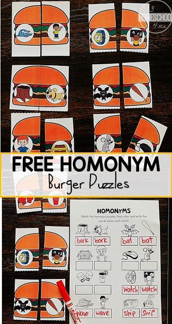 FREE Homonyms Hamburgers - this is such a fun, hands on learning activity for first grade kids. Perfect for summer learning, literacy centers, or extra practice in words that wound the same, are spelled the same, but have different meanings. Includes puzzles and homonyms worksheets. #homonyms #firstgrade Homographs Activities, Homonyms Activities, Activities For 1st Graders, Parts Of Speech Activities, Literacy Activities Kindergarten, Free Worksheets For Kids, Speech Activities, Language Arts Lessons, Science Activities For Kids