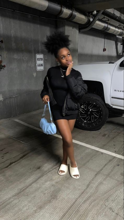 yeezy slides outfit | yeezy slides outfit black girl | pretty black girl outfits | outfits for black girls | outfit inspo | black dress outfit black girl Dress With Yeezy Slides, Yezzy Slides Outfits Girl Black, Yezzy Slides Outfits Girl, Yeezy Slides Outfit, Slides Outfits, Black Dress Outfit, Slides Outfit, Yeezy Slides, Black Dress Outfits