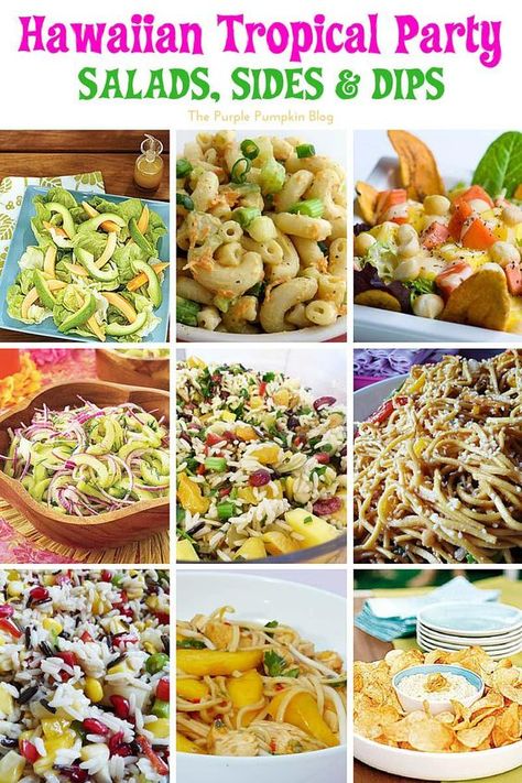 Hawaiian Tropical Party Recipes - Salad, Sides and Dips + lots more delicious recipes! Hawaiian Food Recipes, Tropical Party Foods, Hawaiian Party Food, Salad Sides, Tropisk Fest, Hawaiian Burger, Luau Party Food, Hawaiian Drinks, Luau Food