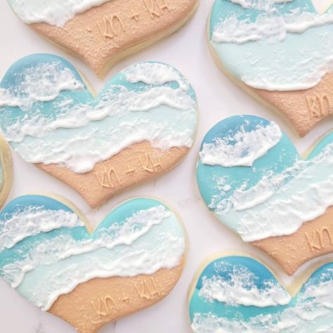 Beach Theme Sugar Cookies, Wave Cookies, Bach Cookies, Beach Sugar Cookies, Beach Desserts, Sand Dollar Cookies, Grad Cookies, Beach Dessert, Surf Cake