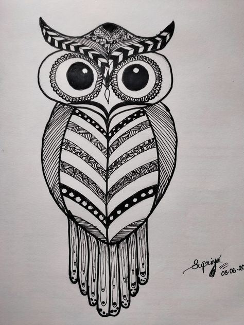 #owl #doodle #mandal Owl Doodle, Stick Drawings, Owl Art, Zentangle Art, Doodle Art, Tangled, Macrame, Doodles, Drawings