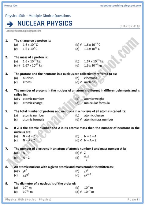 Adamjee Coaching: Nuclear Physics - MCQs - Physics 10th Nuclear Physics Notes, Nuclear Science, Nuclear Reaction, Chemistry Basics, Nuclear Physics, Physics Formulas, Physics Notes, Nuclear Medicine, Multiple Choice Questions