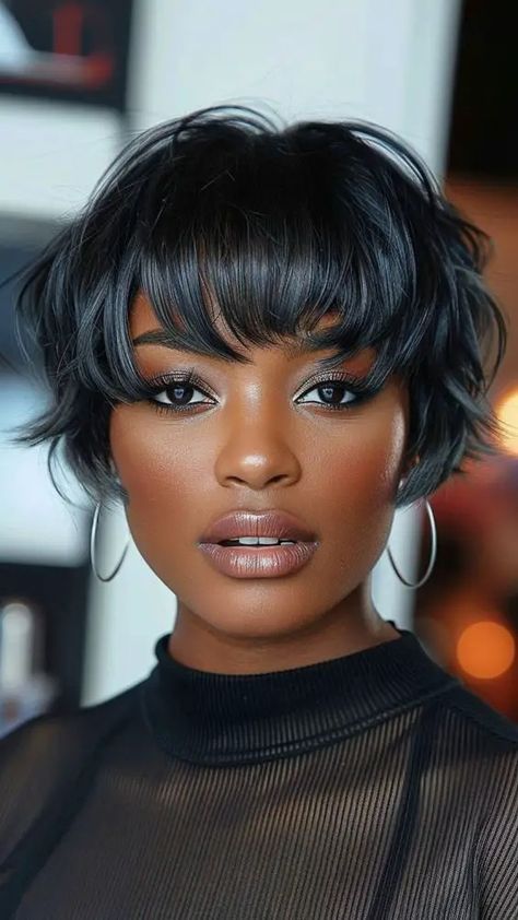 Black Hairstyles: 41 Stunning Ideas You’ll Never Get Tired of Choppy Bob Black Women, Shaggy Short Hair Black Women, Short Hairstyles With Bangs Black Women, Black Fairy Hair, Unique Black Women Hairstyles, Jawline Haircut Women, Bobs Hairstyles For Black Women, Middle Part Layered Hair Black Women, Mid Length Natural Hair