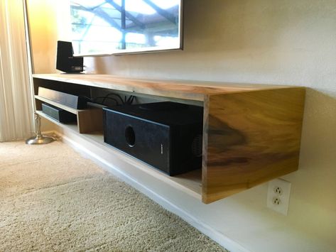 Building a Floating Entertainment Center Floating Shelf For Tv Components, Diy Mounted Tv Stand, Diy Floating Media Shelf, Diy Floating Entertainment Shelf, Floating Tv Unit Diy, Diy Floating Tv Shelf, Diy Floating Media Console, Floating Tv Stand Diy, Diy Floating Shelf Under Tv