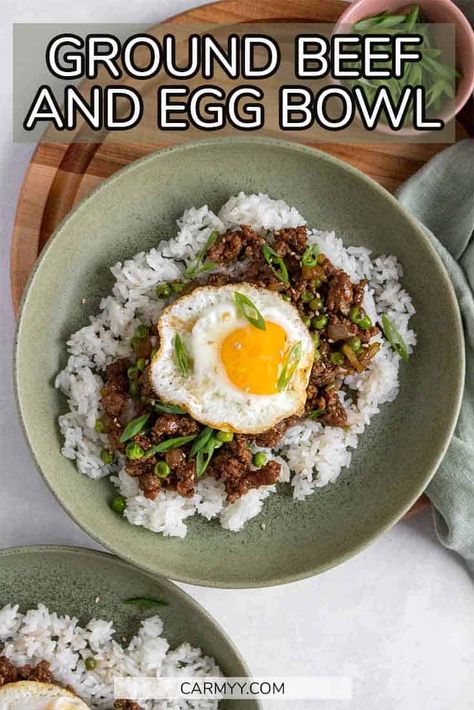 Quick, easy, and healthy, this simple Ground Beef and Eggs Bowl is going to be your new favourite. This easy recipe transforms a handful of pantry staples into a quick weeknight dinner or meal prep. Hamburger Rice Bowl, Rice And Egg Bowl, Ground Beef Protein Bowl, Ground Beef Meal Prep Recipes, Ground Beef And Eggs, Meal Prep Ground Beef, Ground Beef Meal Prep, Ground Beef Bowl, Beef And Eggs