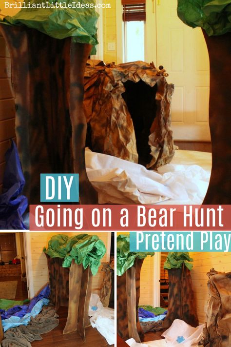 You can DIY a Cave and Trees for an epic Going on a Bear Hunt Role Play theme. Kids love pretend play. #goingonabearhunt #kidfun #rainyday #pretendplay Snow White Crafts, Brown Paper Roll, Easy Royal Icing, Gingerbread House Icing, Going On A Bear Hunt, Hunting Diy, Bear Hunt, Play Props, Bored Kids