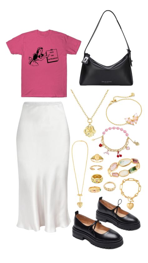 Pink Tshirt, white silk skirt, black loafers, gold jewelry, black bag White Silk Skirt, Jewelry Black, Black Loafers, Different Outfits, Pink Tshirt, Silk Skirt, White Silk, Pink Outfit, Black Bag