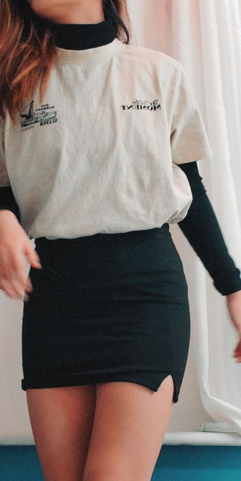 beige tubbo shirt, black mini skirt, black turtle neck under shirt, Tubbo Merch, Tubbo Moment, Merch Outfits, Black Skirt Outfit, Outfit Cute, Clothes Outfit, Outfit Black, Skirt Outfit, Inspired Outfits