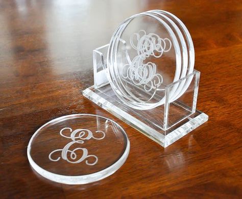 Personalized acrylic coasters on Etsy, $32.00 | { m o n o g r a m ... Laser Cut Coaster, Cnc Router Projects, Router Projects, Laser Cut Wood Crafts, Laser Projects, Routeur Cnc, Woodworking Tools Workshop, Laser Engraved Ideas, Glass Engraving