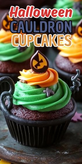 Easy Halloween Cauldron Cupcakes Cauldron Cupcakes, Halloween Cauldron, Store Bought Frosting, Halloween Recipe, Cupcake Pan, Green Food Coloring, Cupcake Liners, Mini Chocolate Chips, Chocolate Cupcakes