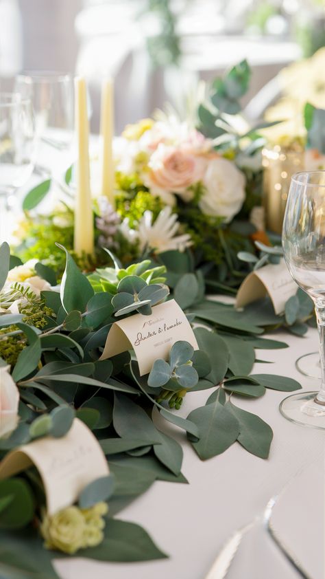 20 Green Wedding Table Decorations for a Natural Look Green Wedding Table Decorations, Greenery Wedding Table Decor, Eucalyptus Wedding Table, Green Charger Plates, Simple Table Decor, Green Wedding Table, Greenery Wedding Table, Moss Table Runner, Leaf Confetti