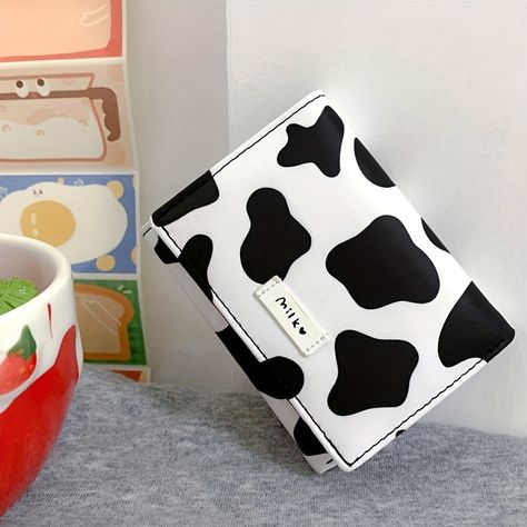 Trendy Cow Pattern Short Wallet, Kawaii Trifold Coin Purse, Versatile Credit Card Holder Bill Holder, Label Pengiriman, Cartoon Cow, Small Coin Purse, Black Cow, Animal Print Fashion, Personalized Wallet, Short Wallet, Wallet Pattern