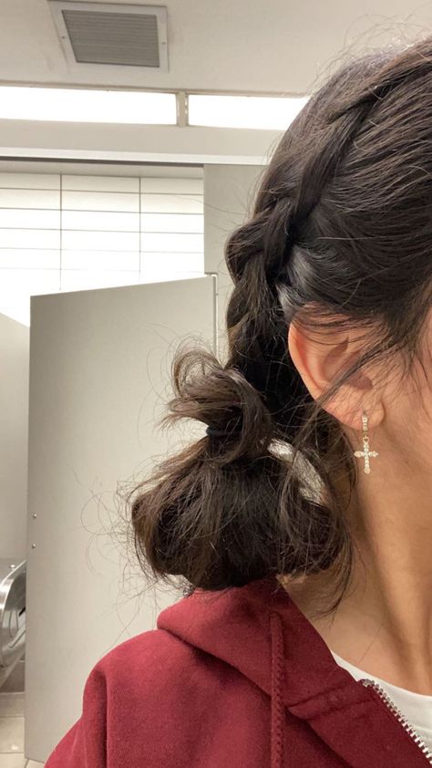 braided hairstyle, low space buns, god, cross earrings, jesus, hair inspo, hairstyle inspiration Cute Medium Short Hairstyles, Cute Hairstyles For Asians, Hiding Ears Hairstyle, Cute Medium Hairstyles For Women, One Tie Hairstyles, Cute Hairstyles With Buns, Up Hairstyles Medium Length, Hairstyles For Armpit Length Hair, Straight Updo Hairstyles