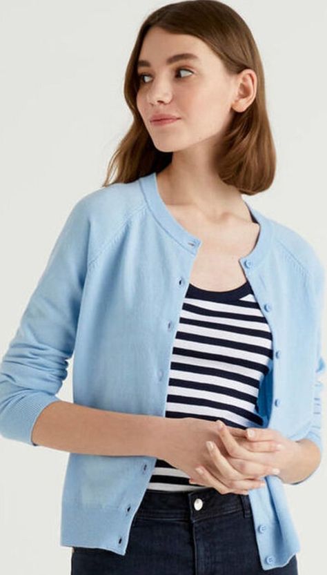 Blue Polo Shirt Outfit Women, Light Blue Cardigan Outfit, Blue Cardigan Outfit, Polo Shirt Outfit Women's, Cardigan Outfit Summer, Uplifting Images, Polo Shirt Outfit, Fun Tops, Light Blue Cardigan