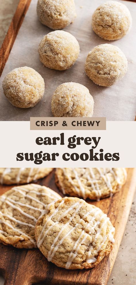 These earl grey sugar cookies are crisp on the outside and chewy in the middle. They're full of earl grey tea flavour and topped with a lemon glaze! #earlgrey #cookies #sugarcookies | teakandthyme.com Earl Grey Blueberry Cookies, Early Grey Cookies, Less Sweet Cookies, Cookies Made With Tea, Vegan Earl Grey Cookies, Earl Gray Recipes, Earl Grey Tea Cookies, Earl Grey Sugar Cookies, Tea Infused Cookies