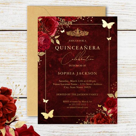 Elegant Gold Red Floral Butterfly Quinceanera Foil Invitation - tap to personalize and get yours #FoilInvitation #quinceanera, #birthday, #15th #tiara, #flowers, Butterfly Quinceanera Theme, Quinceanera Red, Birthday Tiara, Sweet Sixteen Invitations, Quinceanera Themes, Quince Ideas, Scratch Paper, Foil Invitations, Red Butterfly