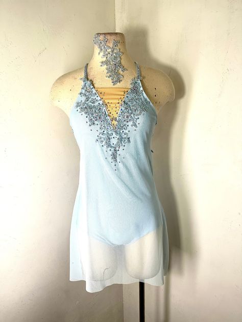 Lyrical dance dress, dance Costume, custom lyrical Dance Costume, competition Dance Costume, dance costume, solo dance costume  Sky Blue lyrical dance dress, This dance costume has a fully lined leotard underneath the mesh dress, as well as sky blue appliques and many colors and sizes of preciosa crystal ab rhinestones. This sky blue custom lyrical Dance Costume is made to your measurements which need to be included within the personalization section of your order along with any notes and notati Custom Dance Costumes Dress, Lyrical Dance Dresses Short, Slip Dress Dance Costume, Senior Solo Dance Costume, Lyrical Solo Costumes, Blue Lyrical Dance Costumes, Blue Lyrical Costume, Lyrical Dance Costumes Solo, Lyrical Dance Costumes Dresses