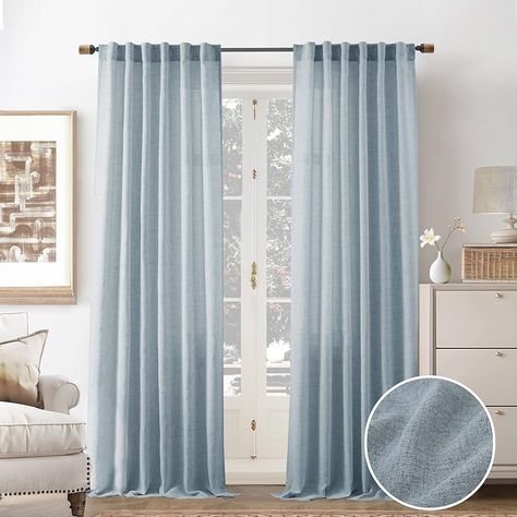 Amazon.com: DriftAway Blue Linen Curtains 84 Inches Long for Living Room Thick Semi Sheer 2 Panels Farmhouse 3 Inch Rod Pocket Back Tab Boho Rustic Light Filtering Window Drapes for Bedroom Privacy Assured : Home & Kitchen Coastal Living Room Window Treatments, Coastal Curtain Ideas, Blue And White Curtains Bedroom, Light Blue Curtains Living Room, Blue Curtains Bedroom Ideas, Bedroom Blue Curtains, Modern Coastal Farmhouse Living Room, Boho Coastal Living Rooms, Blue Linen Curtains