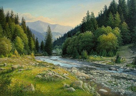 Artist: Ivan Petriv. Mountain river #Realism #Mountainpainting #Summermountainlandscape #Oilpainting #Paintinfs #Oiloncanvas #Impresionist #Naturart #Art #Handmade #Original #Mountainrealism Painting Realism, Large Landscape Painting, Mountain Painting, Landscape Mountain, Art Village, Mountain River, Realism Painting, Large Canvas Art, Painting Home