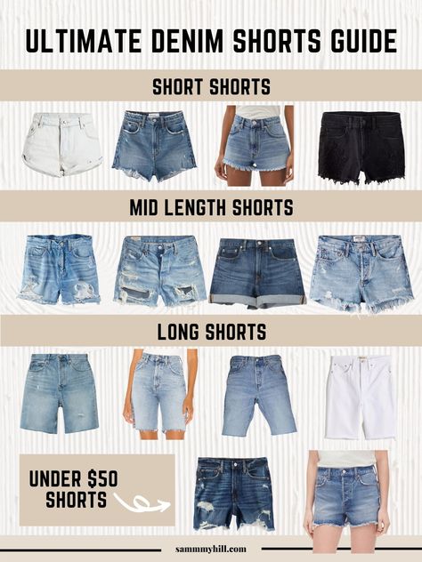 Ultimate denim shorts guide, jean shorts, denim shorts styles, short shorts, mid length shorts, long shorts, bermuda shorts, shorts under $50, best shorts for summer, summer style. Shorts Mid Length, Agolde Shorts, Denim Refashion, Types Of Shorts, Denim Shorts Style, Dresses By Pattern, Summer Shorts Outfits, Mid Length Shorts, Shorts Style