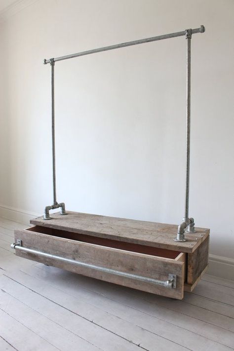 no use/need for this, but I like it.....Galvanised Steel Pipe Clothes Rail with Reclaimed by inspiritdeco - https://www.inspiritdeco.com Scaffolding Wood, Koti Diy, Industrial Bedroom, Diy Casa, Pipe Furniture, Clothes Rail, غرفة ملابس, Drawer Unit, Wood Drawers