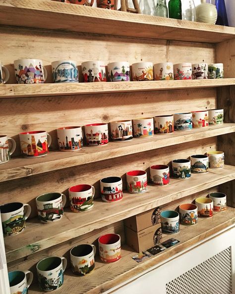 Starbucks Mug Display Ideas, Starbucks City Mugs, Starbucks Mug, Design Homes, Mug Collection, Starbucks Mugs, Eclectic Design, Living Room Diy, Liquor Cabinet