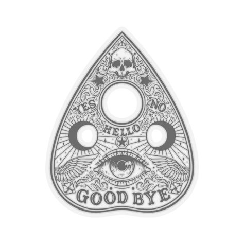 Ouija Planchette-Sticker-Goodbye--this method cuts the sticker into any shape you desire, while leaving the back intact so that it can be smoothly peeled off the page. .: Made 100% with durable vinyl that comes with strong 3M glue for decorations that last. Perfect for spicing up indoor decor (not waterproof). .: Choose between 4 sizes to match your needs. All stickers are 0.004" (4mm) thick and come with a stylish glossy finish. Ouija Board Planchette Drawing, Ouija Board Planchette Tattoo, Planchette Tattoo, Ouija Board Planchette, Linocut Ideas, Ouija Planchette, Ouija Board, Kiss Cut Stickers, Tattoo Stencils