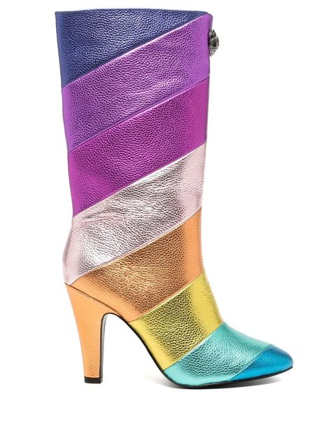 Rainbow Kensington metallic-leather boots from Kurt Geiger London featuring multicolour, leather, colour-block design, diagonal stripe pattern, metallic sheen, signature eagle head charm, branded footbed, almond toe and 90mm heel. Multicolor Leather High Ankle Boots, Multicolor Boots, Kurt Geiger Boots, Trendy Multicolor Ankle-high Boots, Luxury Multicolor High Heel Boots, Boots Rainbow, Leather Biker Boots, Spring Boots, Gogo Boots