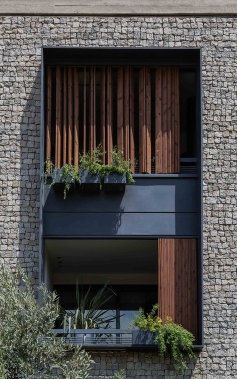 144 House Apartment / Ali Sodagaran + Nazanin Kazerounian | ArchDaily Facade Architecture Design, Stone Facade, Modern House Facades, House Apartment, Apartment Architecture, Design Exterior, Building Facade, Architecture Exterior, Facade Architecture