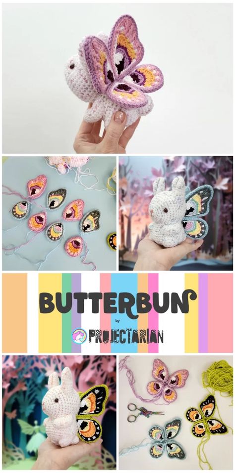 BUTTERBUN | A BUNNY AMIGURUMI WITH APPLIQUE BUTTERFLY WINGS - & NO LOOSE ENDS! - Projectarian Applique Butterfly, Crochet Applique Patterns Free, Crochet Butterfly Pattern, Bunny Amigurumi, Crochet Fairy, Amigurumi Bunny, Crochet Butterfly, Crochet Design Pattern, Loose Ends