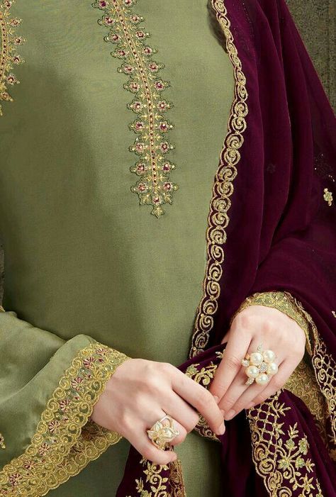 Punjabi Salwar Kameez, Olive Colour, Suits Punjabi, Satin Suit, Punjabi Salwar, Women Suits, Palazzo Suit, Party Wear, Casual Women