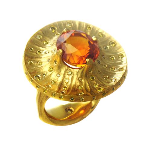 11.35-ct. oval orange sapphire surrounded by yellow diamond sun rays set in richly textured 22k yellow gold by Michael Endlich Fine Jewelry Design, Trend Jewelry, Tanzanite Jewelry, Family Jewels, Fine Art Jewelry, Jewelry Luxury, Orange Sapphire, Brighton Jewelry, Star Jewelry