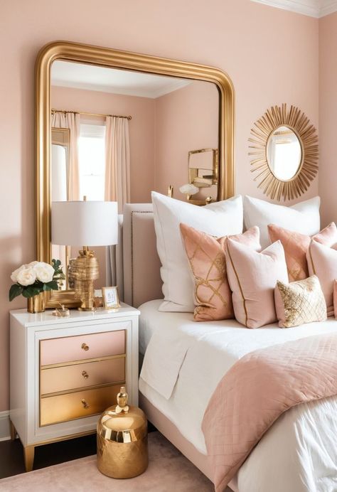 Transform your room with these 49 pink bedroom ideas! From soft blush to bold tones, find the perfect pink for your space. 🌸 #PinkBedroom #HomeDecor Rose Gold And Pink Bedroom Ideas, Plush Pink Bedroom, Pink White And Gold Apartment, Blush Color Bedroom Ideas, Bedrooms With Pink Accents, Pink Room Makeover Ideas, Blush Decor Bedroom, 26 Year Old Bedroom Ideas, Rose Gold Room Ideas Bedrooms