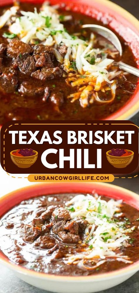 This beef brisket chili is unlike any other! Fall-apart tender and incredibly flavorful, this authentic Texas chili with no beans is an award-winning main course recipe. Once you try this dinner idea for tonight, you'll want to have it again and again! Beef Brisket Chili, Dinner Recipes Beef, Brisket Chili Recipe, Smoked Brisket Chili, Winning Chili Recipes, Award Winning Chili Recipe, Beef Dinner Recipes, Texas Brisket, Homemade Chili Recipe