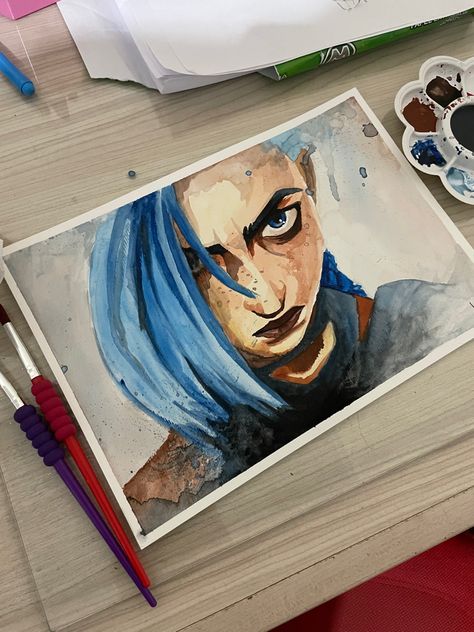 Jinx war guerra menina cabelo azul blue hair girl menina Jinx Shark Cannon, Jinx Butterfly, Cannon Drawing, Powder Arcane, Jinx Arcane, Art Diary, Art Paint, League Of Legends, Watercolor Art