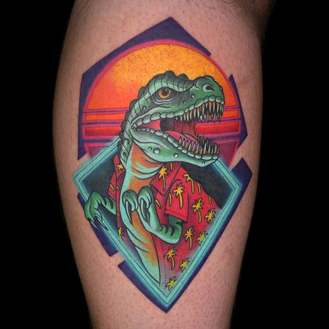 Dinosaur & Neon Light Tattoo by Hiram Casas