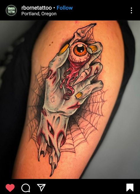 Scary Tattoos Color, New School Zombie Tattoo, Halloween Neck Tattoo, Neo Traditional Horror Tattoo, Neotraditional Halloween Tattoo, Halloween Chest Tattoo, Halloween Knee Tattoo, Zombie Tattoo Design, Neo Traditional Tattoos Black And Grey