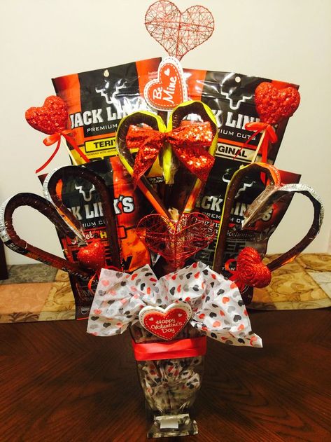 Beef Jerky bouquet for husband, Valentine's Day Diy Beef Jerky Bouquet, Guy Valentines Day Gifts, Jerky Bouquet, Beef Jerky Bouquet, Valentines Baskets, Valentines Day Gifts For Him Husband, Bf Ideas, Man Bouquet, Guy Gifts