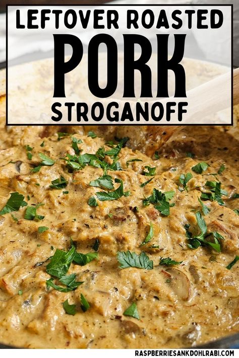 Close up of pork stroganoff. Leftover Pork Stroganoff Recipes, Leftover Pork Loin Stroganoff, Recipes With Leftover Pork Shoulder, Leftover Porchetta Recipes, Left Over Roast Pork Meals, Ways To Use Leftover Pork Roast, Leftover Pork Chop Recipes Keto, Roast Pork Leftovers, Pork Stroganoff Recipes Easy