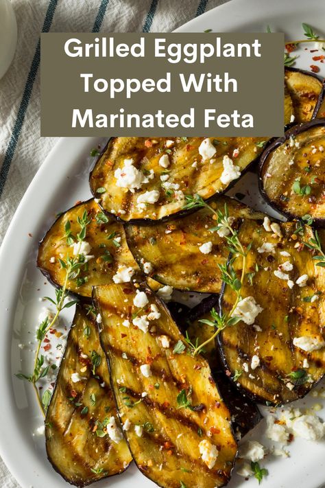 This delicious side dish only takes 10 minutes to grill. Grilled Eggplant slices are topped with marinated feta. I like to serve it with grilled chicken or steak. #GrilledEggplant #Eggplant #EggplantAndFeta Marinated Feta, Grilled Ribeye Steak, Grilled Eggplant, Mexican Dinner, Onion Recipes, Eggplant Recipes, Favorite Side Dish, Top Recipes, Easy Family Meals