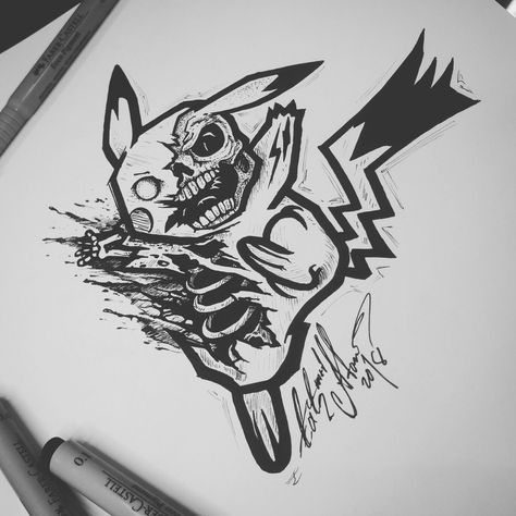 Scary Pokemon Tattoo, Pikachu Tattoo, Pokemon Tattoo, Sketch Tattoo Design, 3d Tattoo, Tattoo Art Drawings, Desenho Tattoo, Cartoon Tattoos, Dark Art Drawings