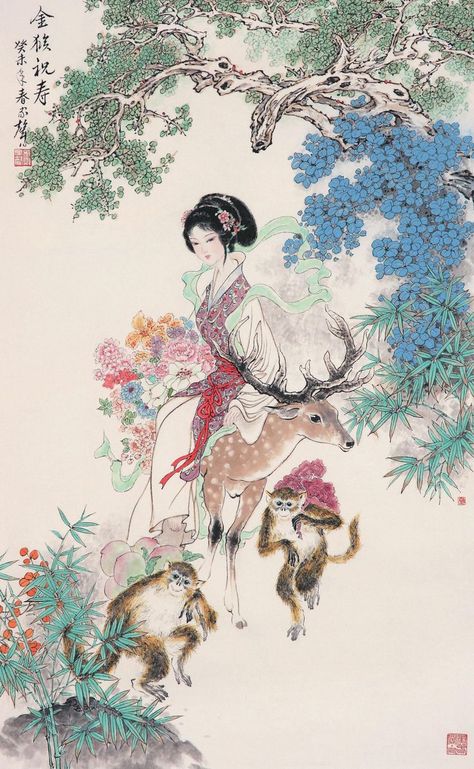 A divine fairy, immortal deer, and golden monkeys bestow congratulations on longevity, by artist 郑家声. Tgcf Oc, Old Chinese Art, Textiles Corset, Chinese Manga, Chinese Dynasty Art, Chinese Ancient Painting, Historical Japanese Art, Chinese Painting Animals, Chinese Traditional Art