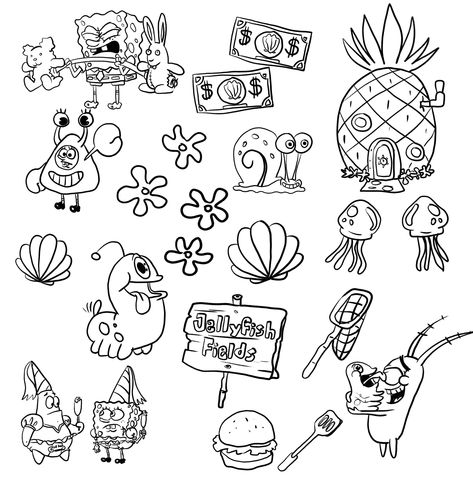 Mini Spongebob Tattoo, Pop Culture Flash Tattoo, Small Spongebob Tattoo, Cartoon Art Tattoo, Disney Flashsheets Tattoo, Cute Cartoon Tattoos, 90s Flash Tattoo, Unique Fine Line Tattoo, Spongebob Tattoo