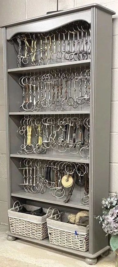 Tack Shop Ideas, Tack Shed Ideas Storage, Equestrian Storage Ideas, Horse Bit Organization, Horse Show Tack Room Set Up, Horse Bit Storage Ideas, Horse Bit Storage, Tackroom Storage, Western Tack Room Organization