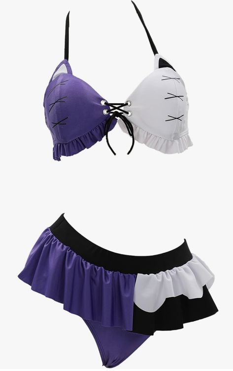 Gothic Purple, White, and Black Kitty Cat Bikini Alternative Swimsuit, Goth Swimsuit, Cat Swimsuit, Diy Swimsuit, Purple Swimsuit, Gothic Elegance, Skirt Swimsuit, Swimsuits Halter, Gothic Style