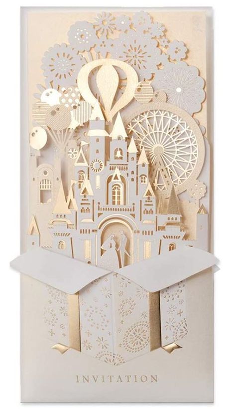 Elegant Laser Cut Disney Wedding Invitations - Fairy Gold Gilding Bride and Groom in Castle Cards Invitation for Engagement Bridal Shower and Disney themed weddings. Cinderella luxury wedding invites Castle Wedding Invitations, Disney Wedding Invitations, Wedding Invitation Kits, Bridal Shower Cards, Wedding Sparklers, Wedding Etiquette, Pocket Wedding Invitations, Lace Wedding Invitations, Cheap Wedding Invitations